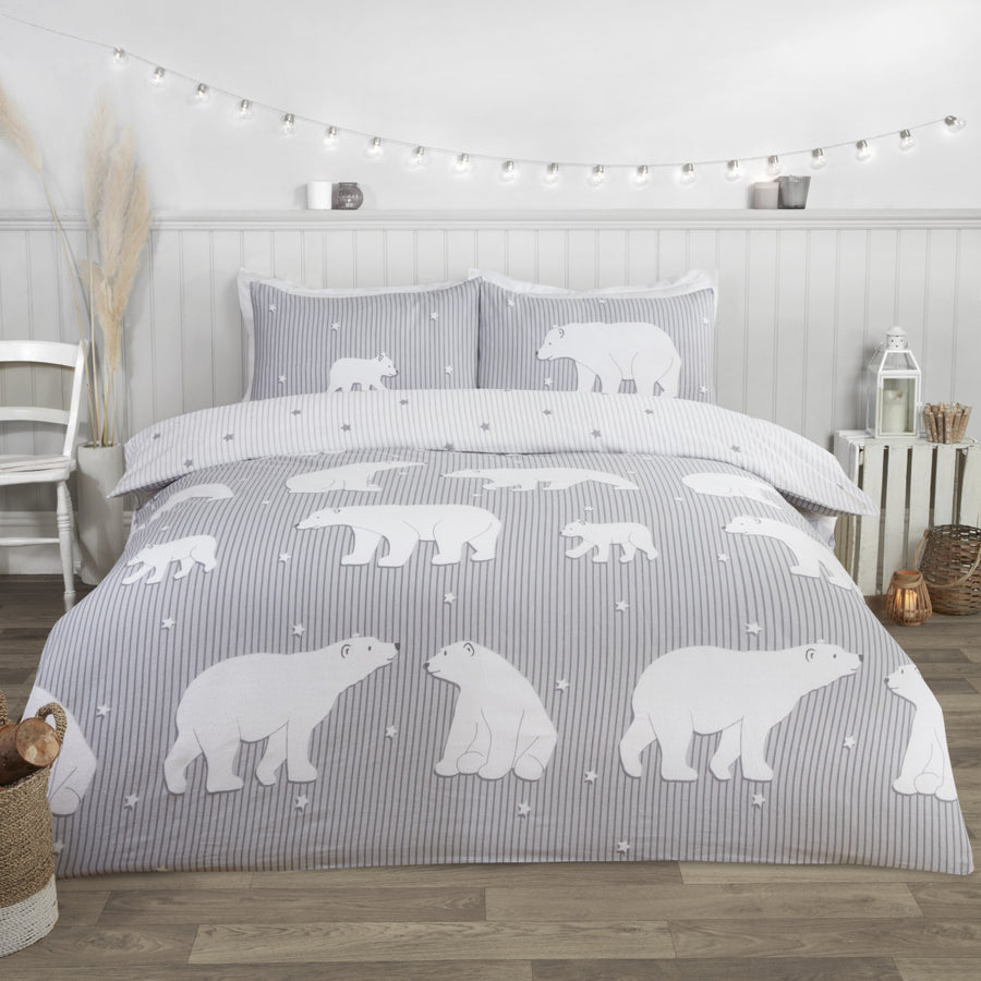 Polar Bear Brushed Cotton Duvet Set - Grey - Williamsons Factory Shop