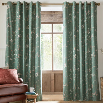 Laura Ashley Pussy Willow Blackout Lined Eyelet Curtains - Fern Green