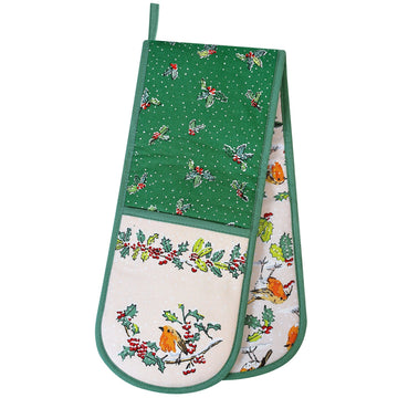 Christmas Robins Double Oven Glove - Green