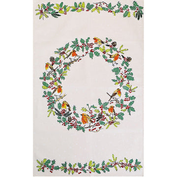 Christmas Robins Cotton Tea Towel - Green