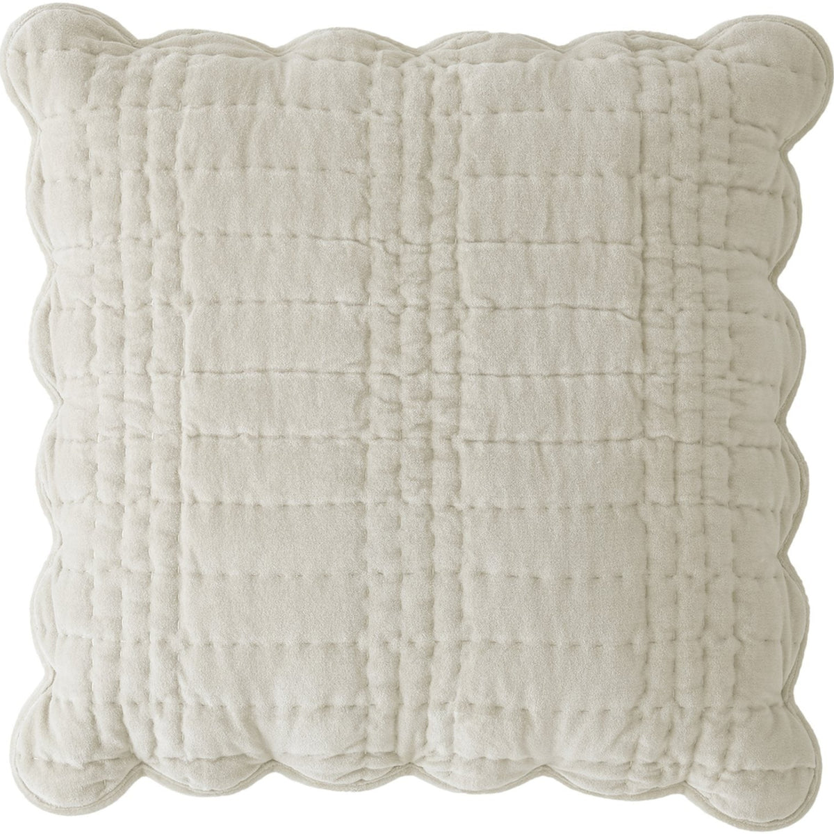Cream colored textured quilted decorative cushion with scalloped edges