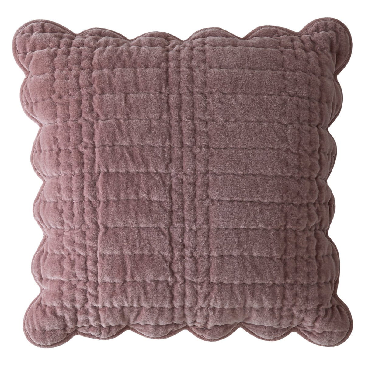 Dusty rose velvet scalloped edge decorative cushion with quilted texture