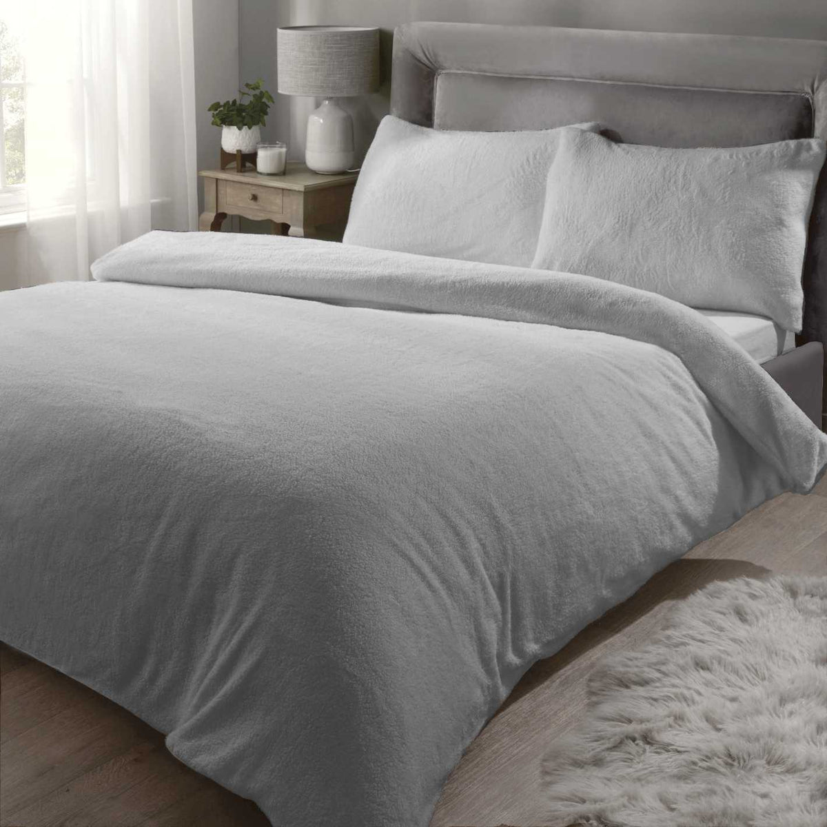 Sherpa Teddy Fleece Duvet Cover Set - Silver - Williamsons Home