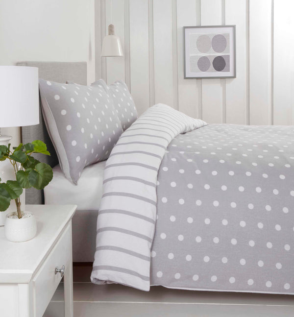Spots & Stripes Brushed Duvet Cover Set - Grey - Williamsons Factory Shop