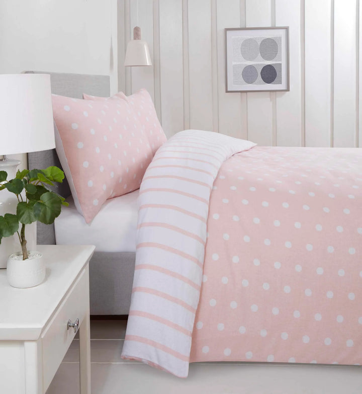 Spots & Stripes Brushed Duvet Cover Set - Blush - Williamsons Factory Shop