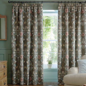 William Morris Spring Thicket Lined Pencil Pleat Curtains - Mineral Velvet