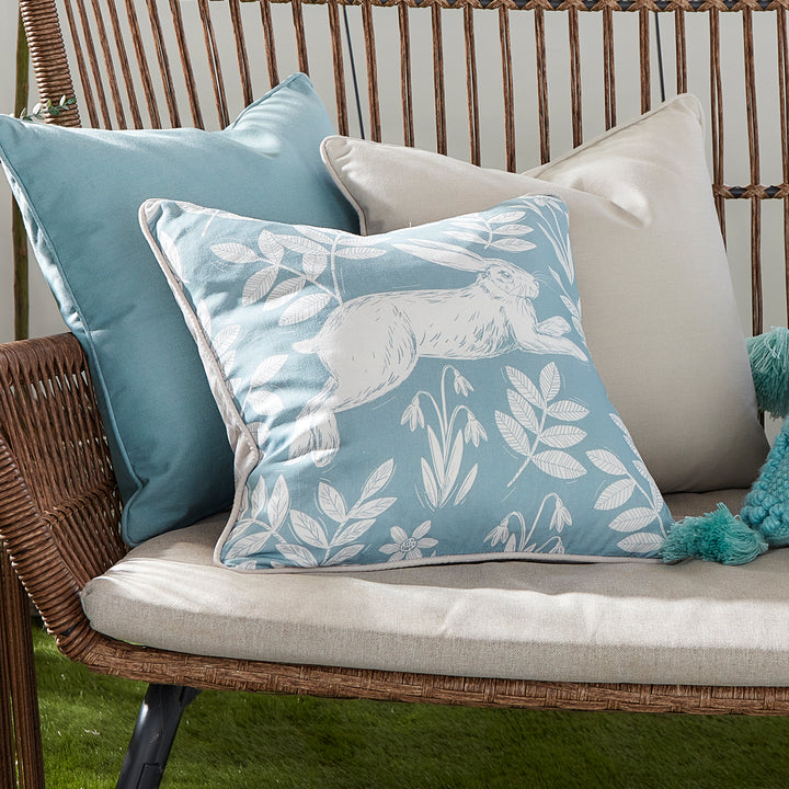 Dreams & Drapes Spring Rabbit Outdoor Cushion - Duck Egg - Williamsons Factory Shop
