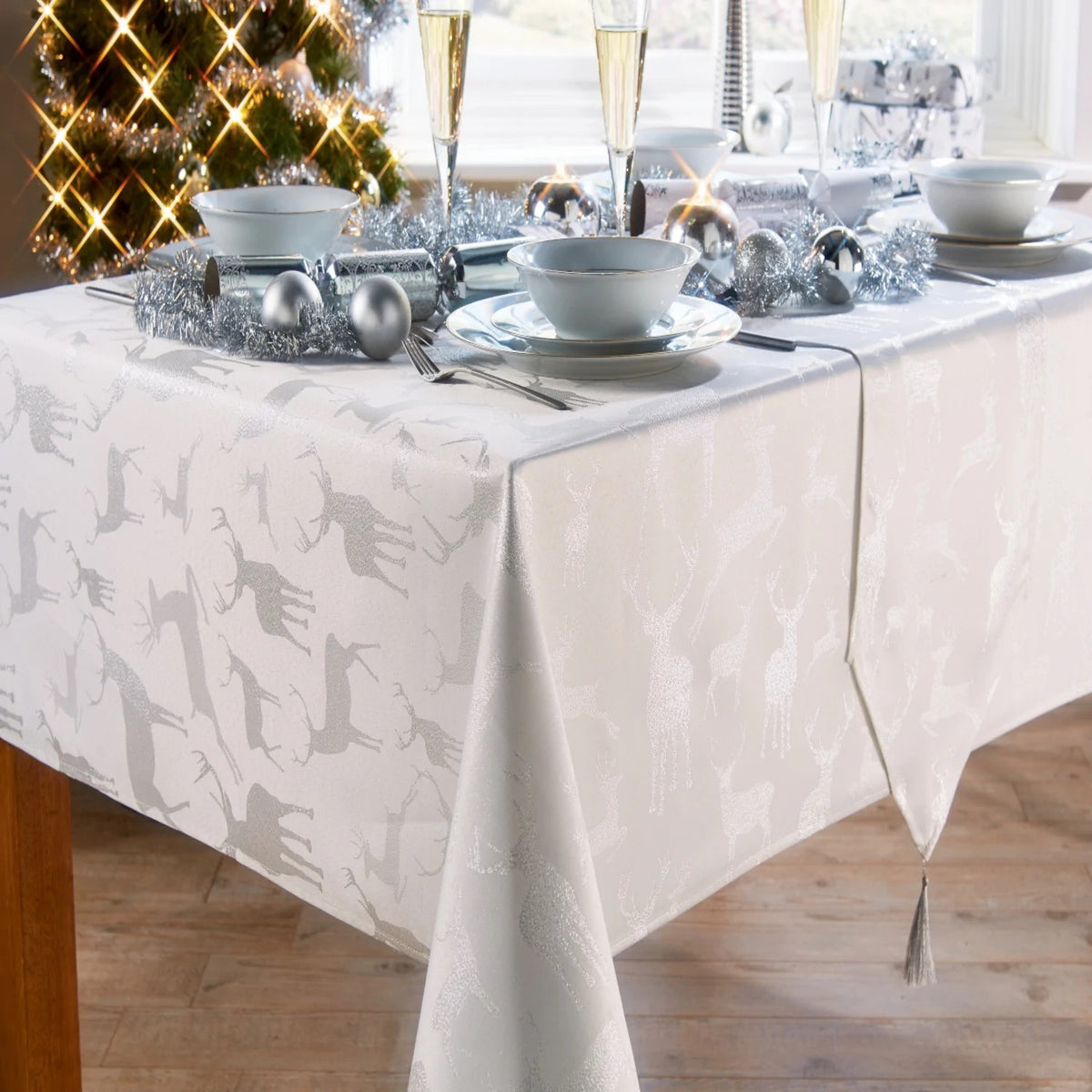 Stag Christmas Tablecloth - Silver - Williamsons Home