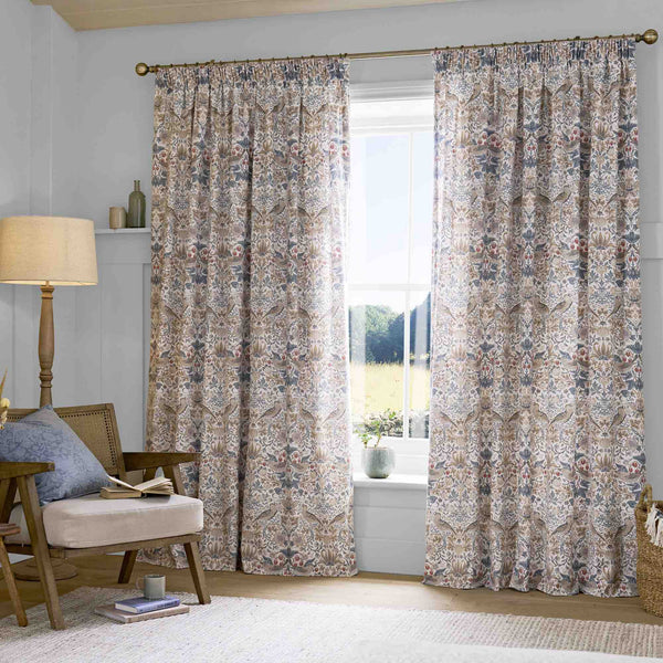 William Morris Strawberry Thief Pencil Pleat Curtains - Hessian