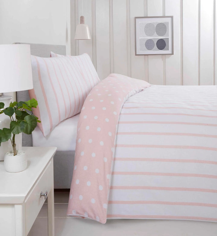 Spots & Stripes Brushed Duvet Cover Set - Blush - Williamsons Factory Shop
