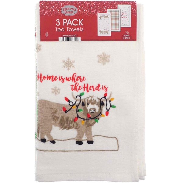 3pk Christmas Novelty Tea Towels - Highland Herd