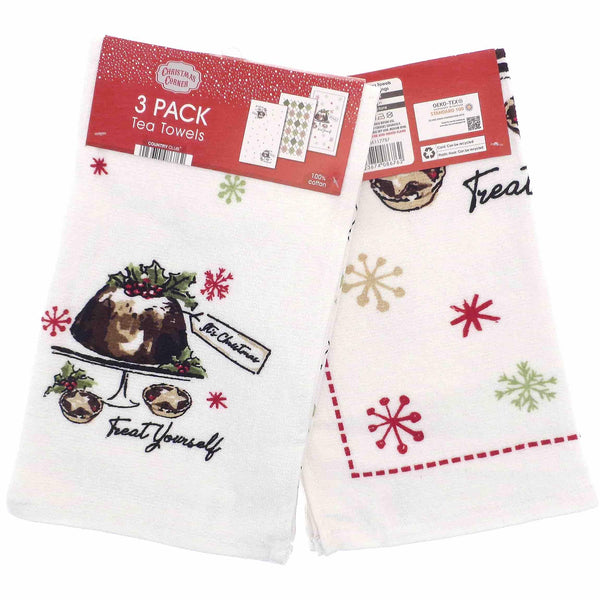 3pk Christmas Novelty Tea Towels - Treat Yourself - Williamsons Factory Shop