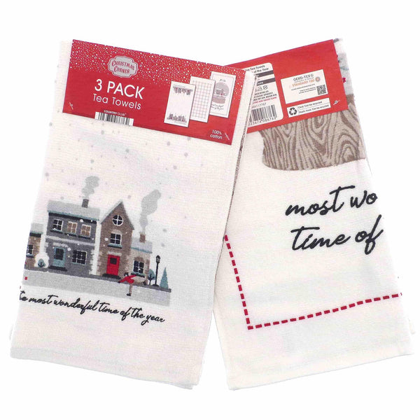 3pk Christmas Novelty Tea Towels - Wonderful Time - Williamsons Factory Shop