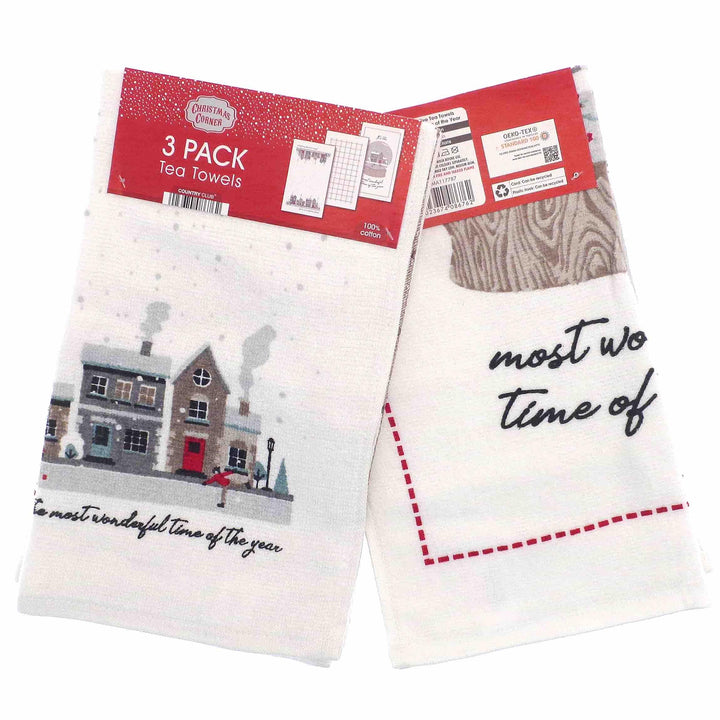 3pk Christmas Novelty Tea Towels - Wonderful Time - Williamsons Factory Shop