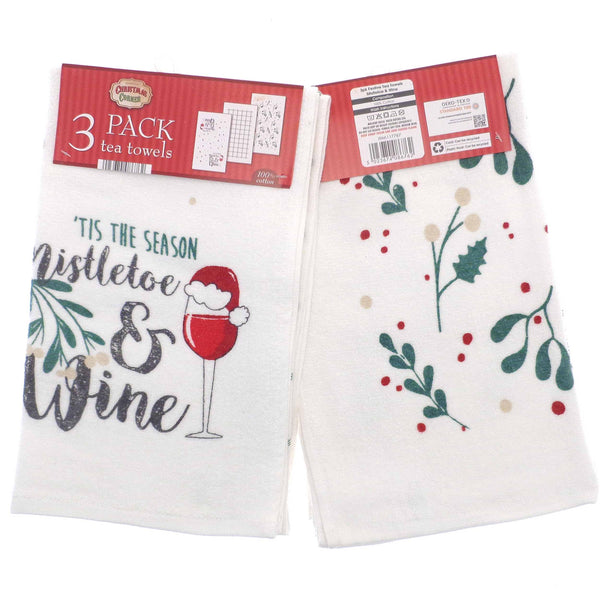 3pk Christmas Novelty Tea Towels - Mistletoe - Williamsons Factory Shop