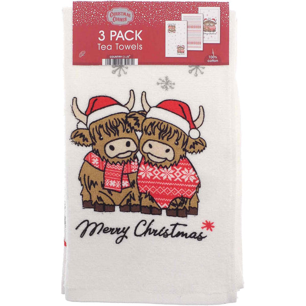 3pk Christmas Novelty Tea Towels - Highland Cow