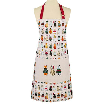Christmas Cats in Waiting Cotton Apron - Red/Cream