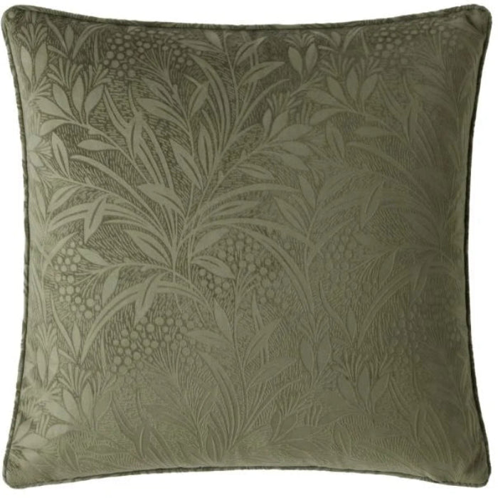 Olive green cushion with elegant botanical leaf and berry pattern