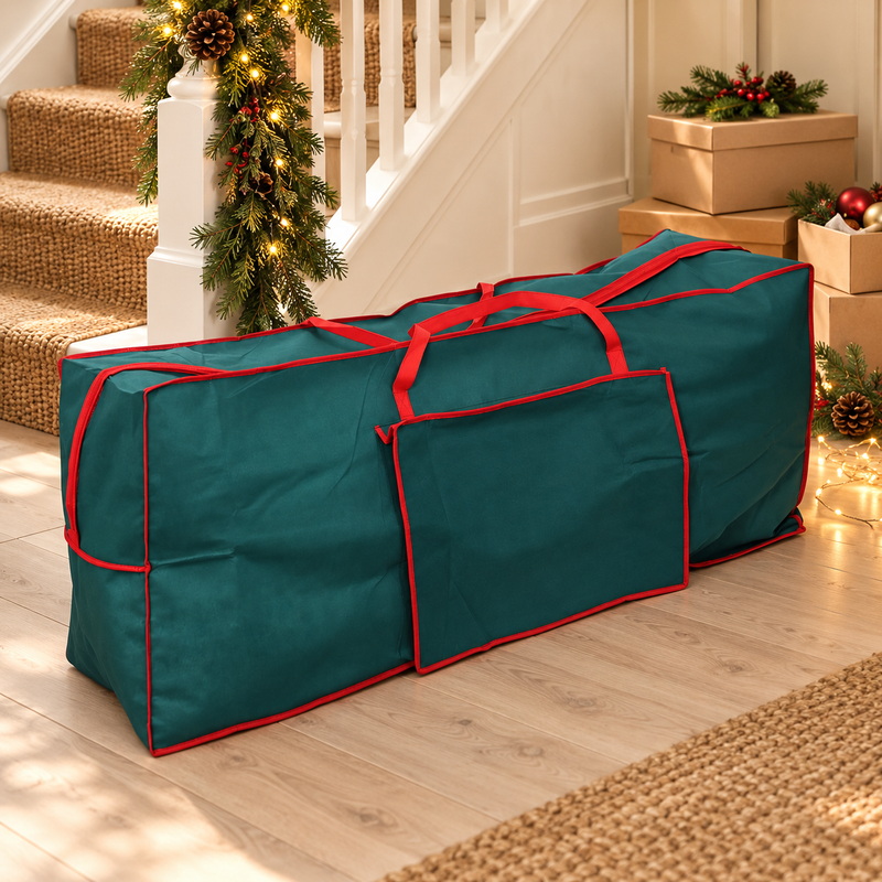Green Christmas tree storage bag in a festive hallway
