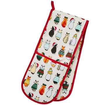 Christmas Cats in Waiting Double Oven Glove - Red/Cream