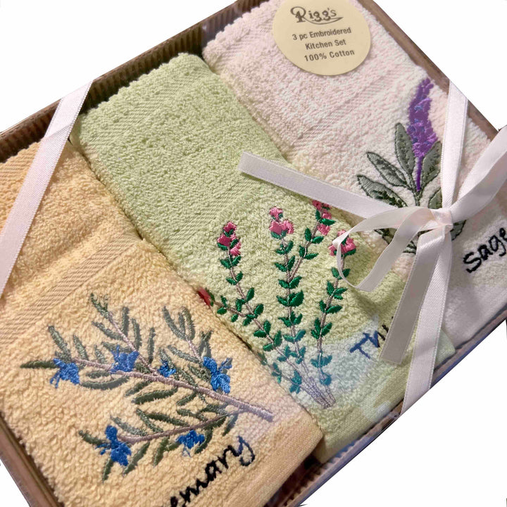 New Herbs 3pc Embroidered Kitchen Towels - Williamsons Factory Shop