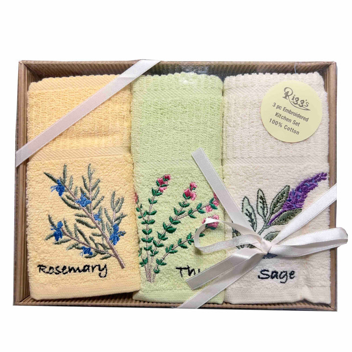 New Herbs 3pc Embroidered Kitchen Towels - Williamsons Factory Shop