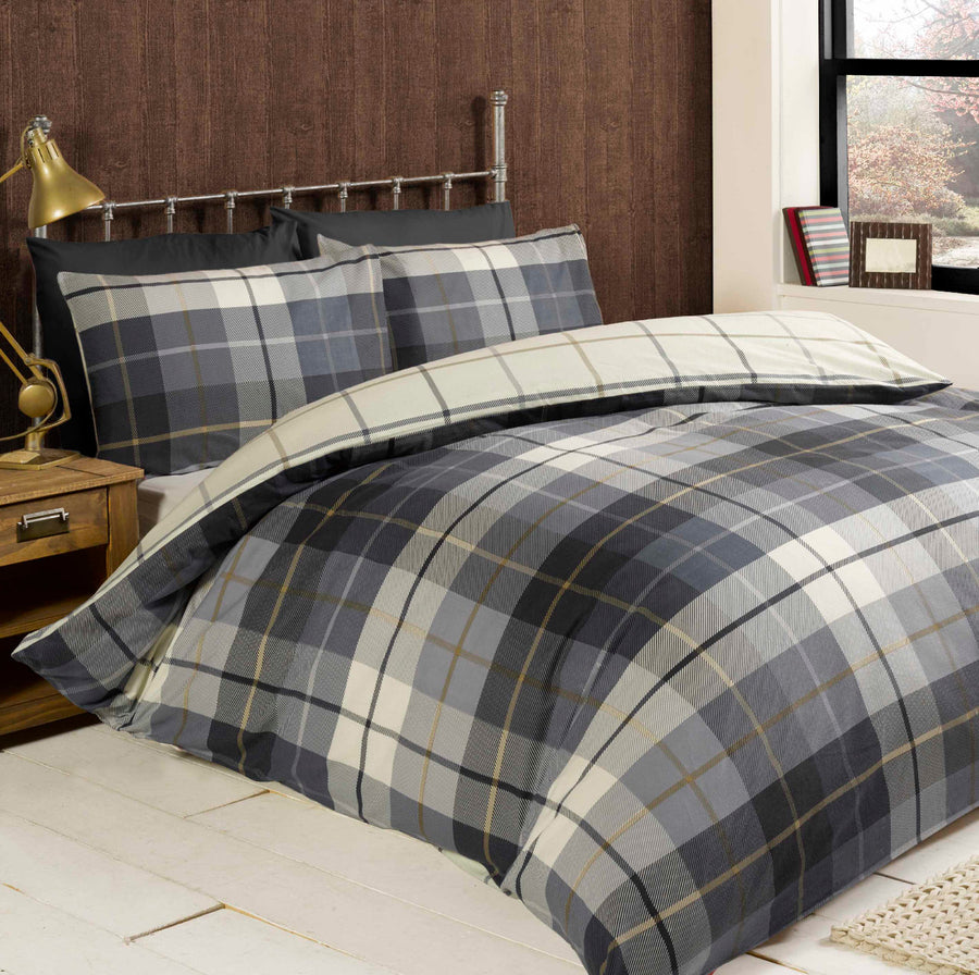 Lomond Check Brushed Cotton Duvet Set - Blue - Williamsons Factory Shop