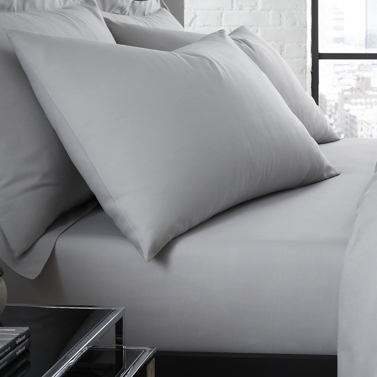 Serene Plain Dyed Pair of Housewife Pillowcases - Silver