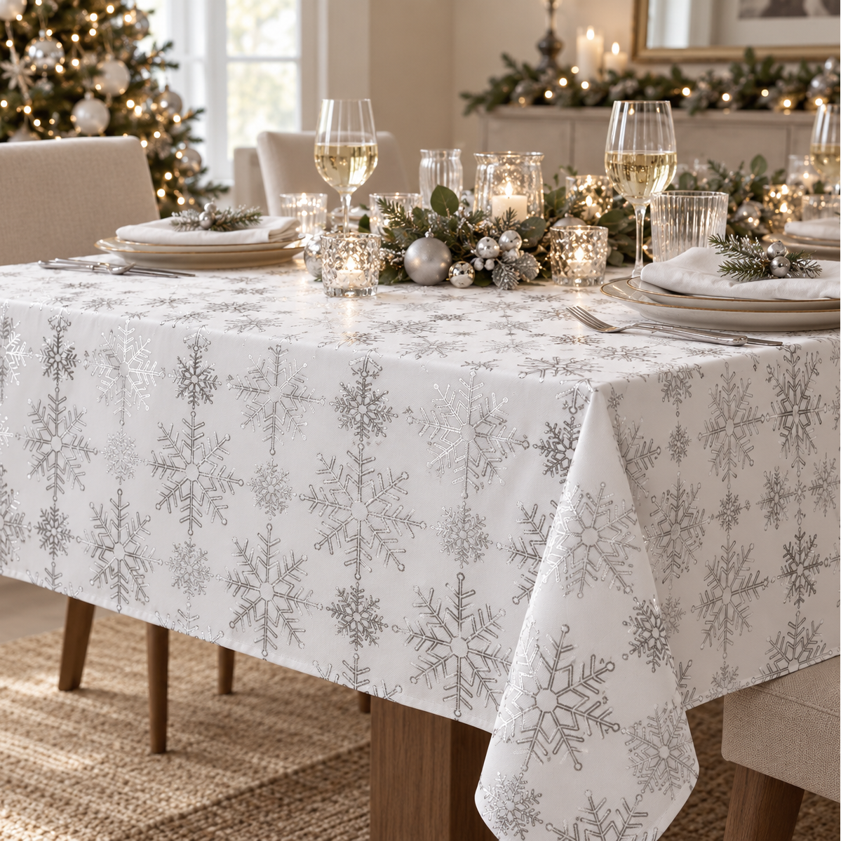 Snowflake Christmas Tablecloth - Silver and White