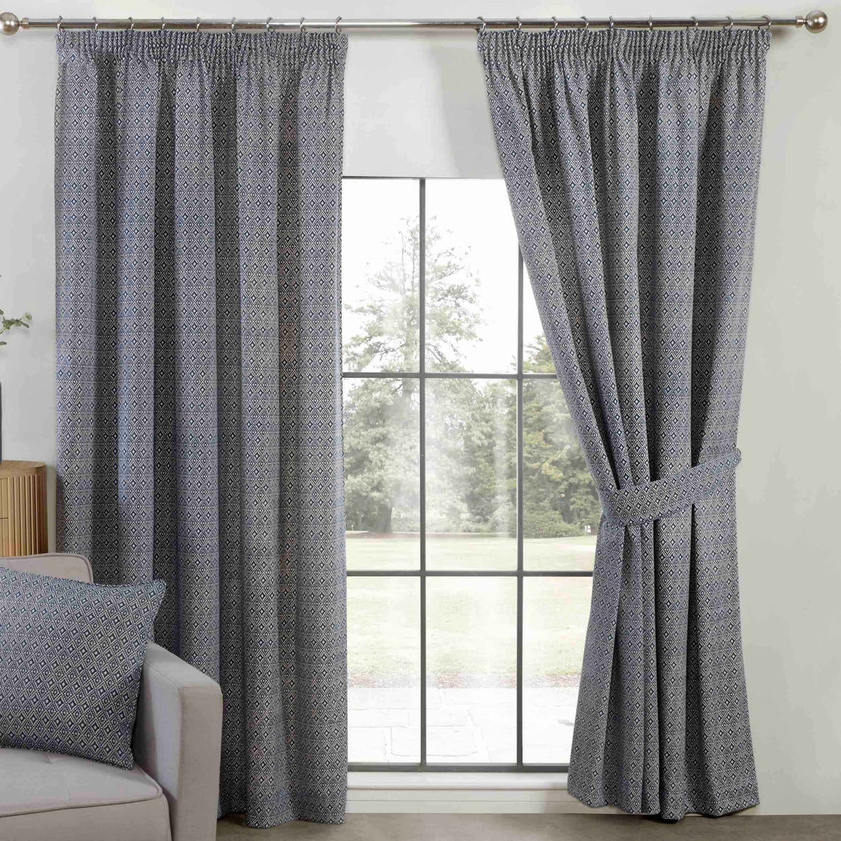 Sundour Aztec 3" Pencil Pleat Curtains - Navy - Williamsons Home