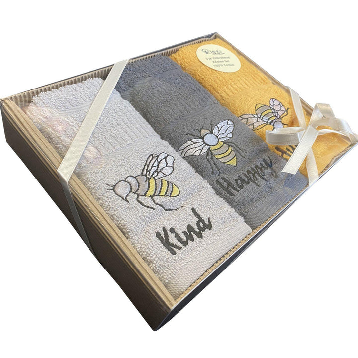 Bees 3pc Embroidered Kitchen Towels-Williamsons Factory Shop