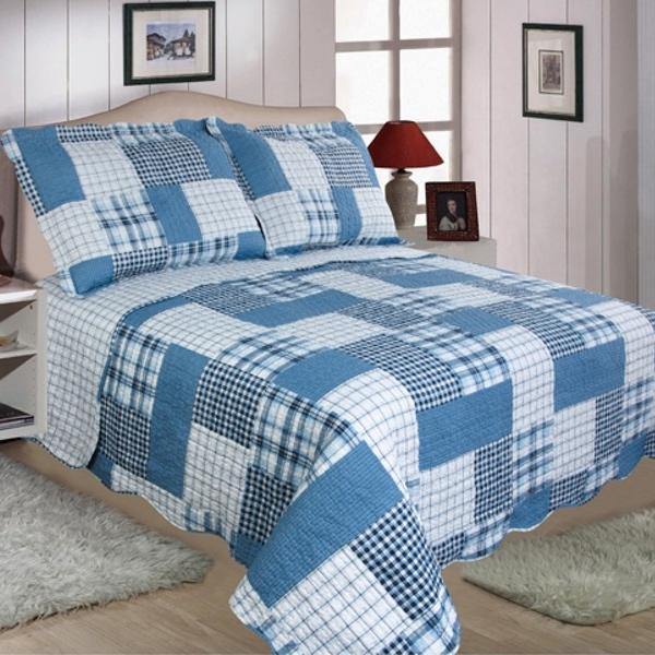 Check Quilted Bedspread Patchwork - Blue - Williamsons Factory Shop