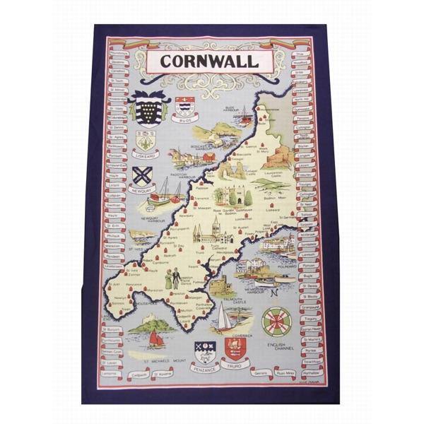 Cornwall Blue Map & Crest Souvenir Teatowel-Williamsons Factory Shop
