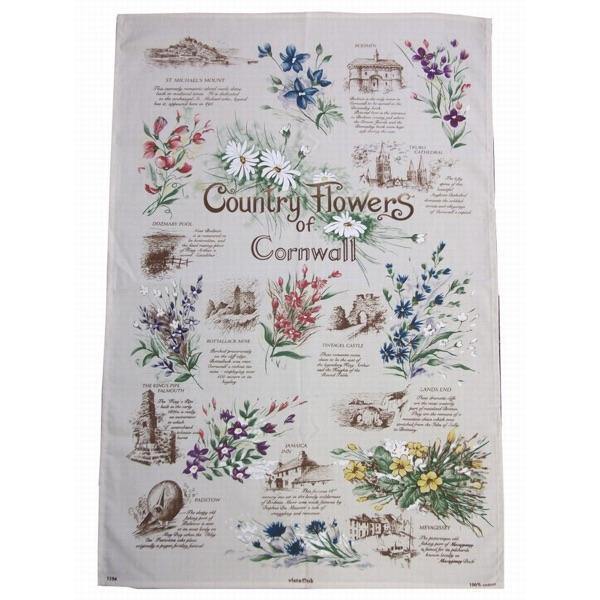 Country Flowers Of Cornwall Souvenir Tea Towel-Williamsons Factory Shop