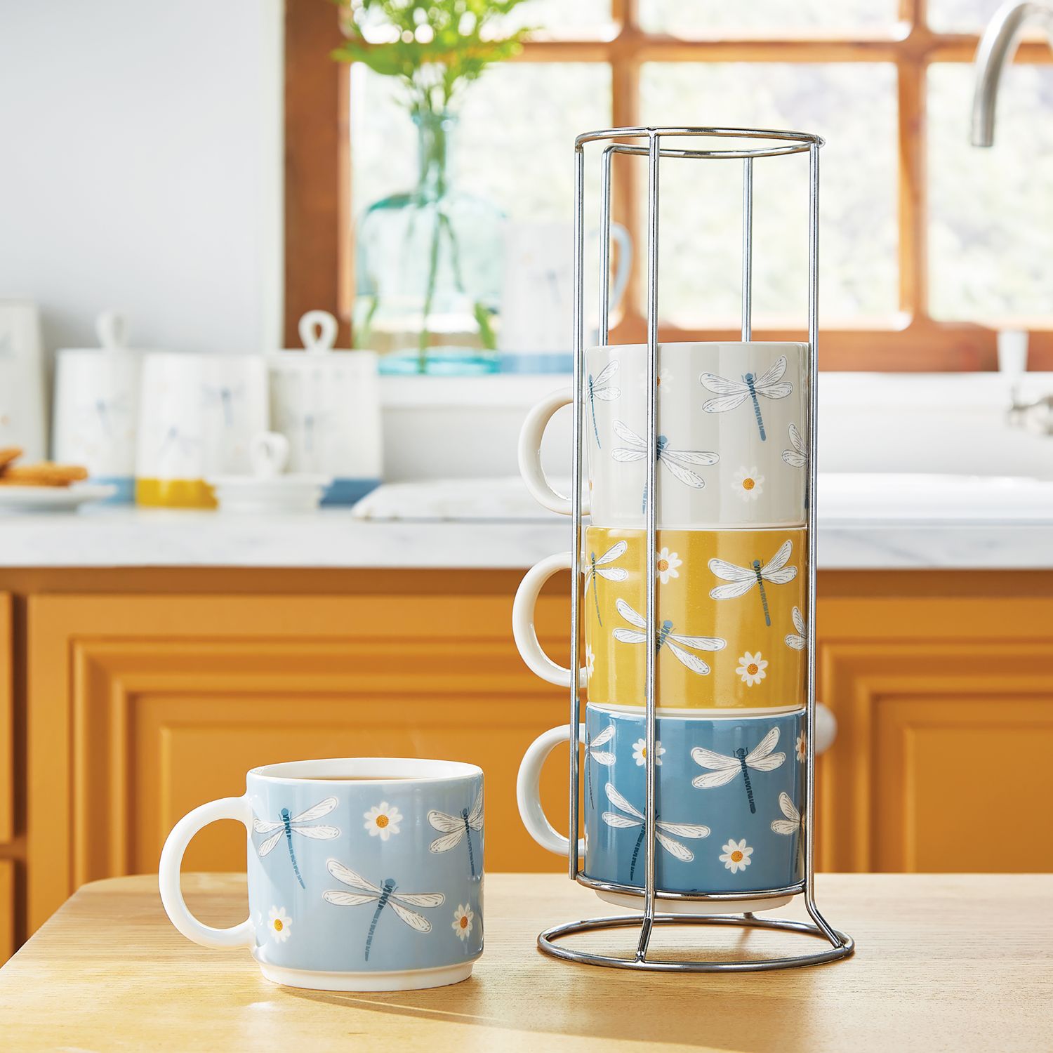 English Meadow Set of 4 Stacking Mugs In Holder