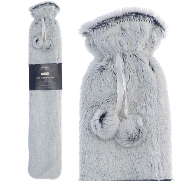 Two Tone Long Faux Fur Hot Water Bottle (72cm) - Silver - Williamsons Factory Shop