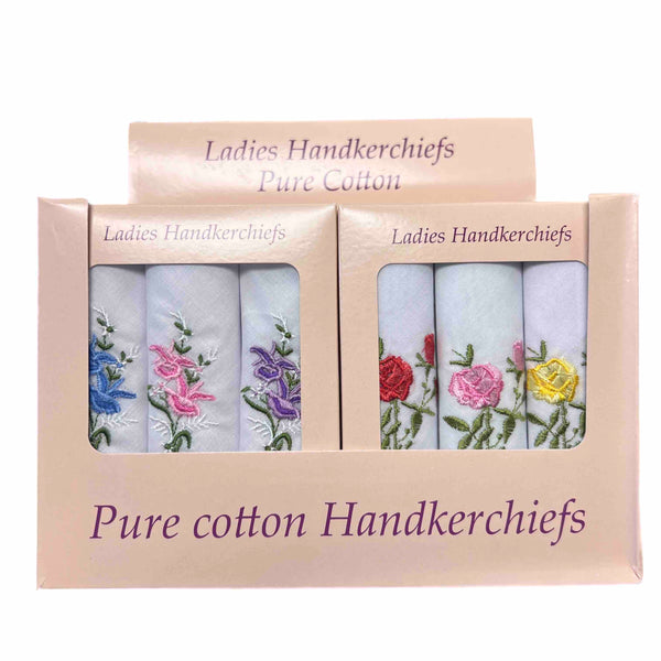 Ladies 3pk Embroidered Cotton Handkerchiefs