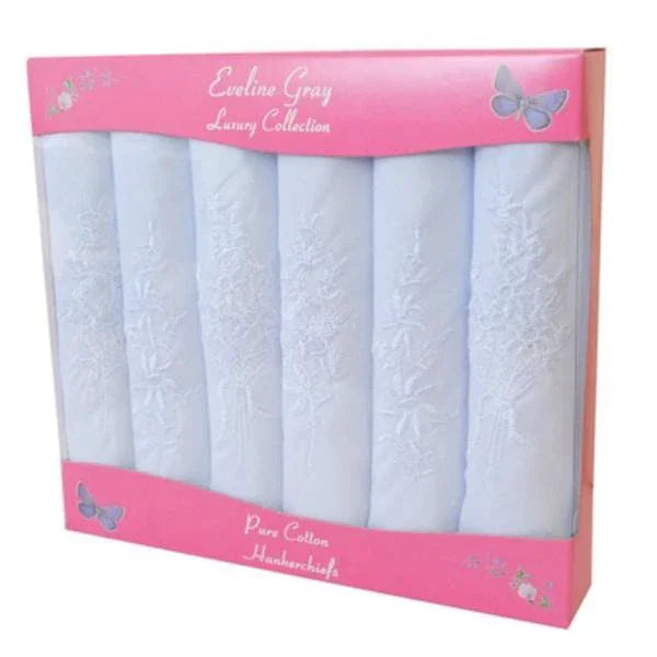Ladies 6 Pack White Embroidered Handkerchief Set - Williamsons Factory Shop