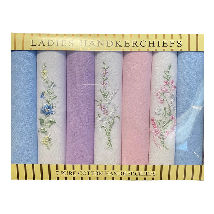 Ladies 7pk Plain & Embroidered Flower Cotton Handkerchiefs - Williamsons Factory Shop