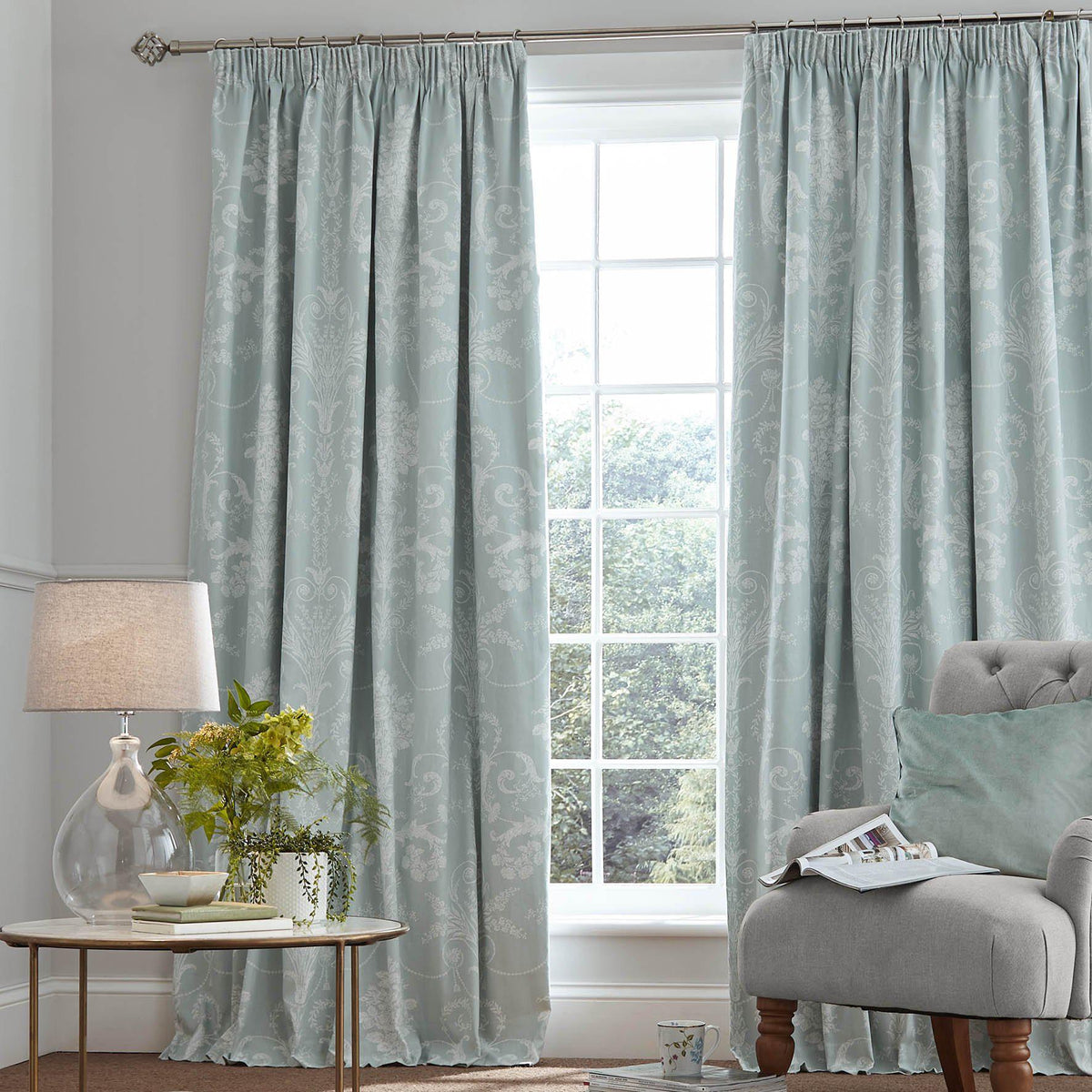 Laura Ashley Josette Blackout Pencil Pleat Curtains - Duck Egg - Williamsons Home