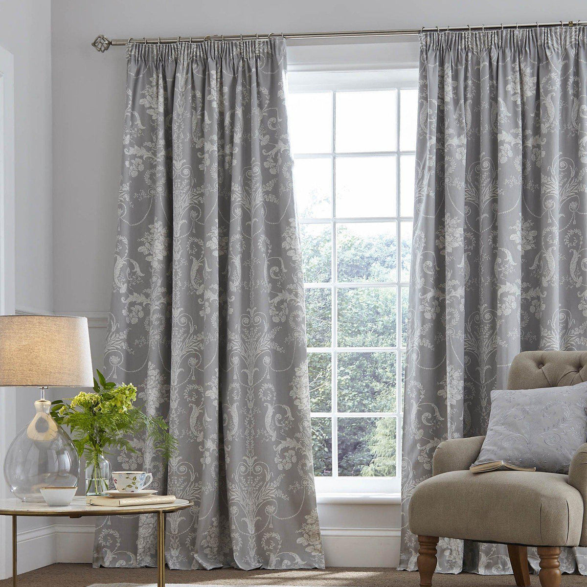 Laura Ashley Josette Blackout Pencil Pleat Curtains - Steel - Williamsons Home