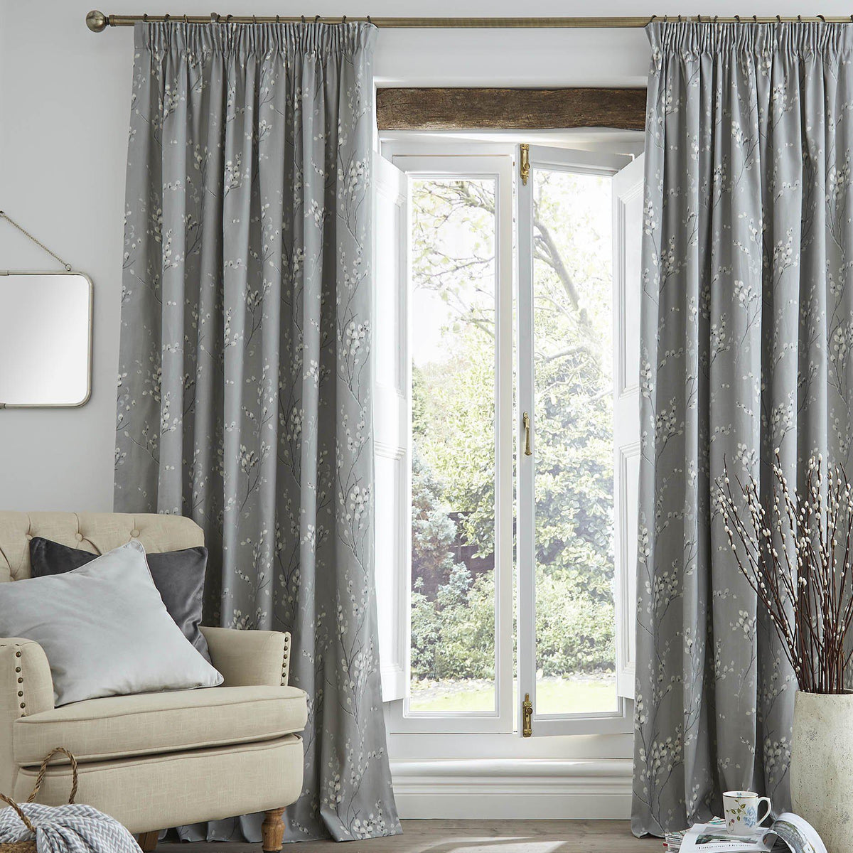 Laura Ashley Pussy Willow Pencil Pleat Curtains - Steel - Williamsons Home