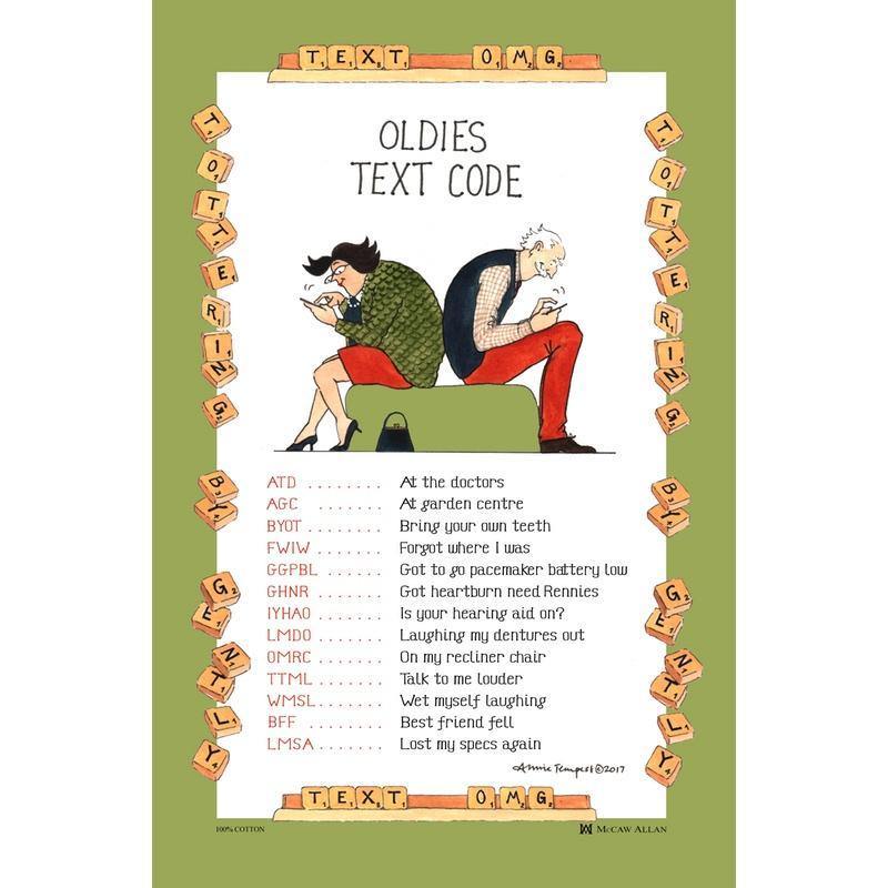 Oldies Text Code Tottering Tea Towel - Williamsons Home