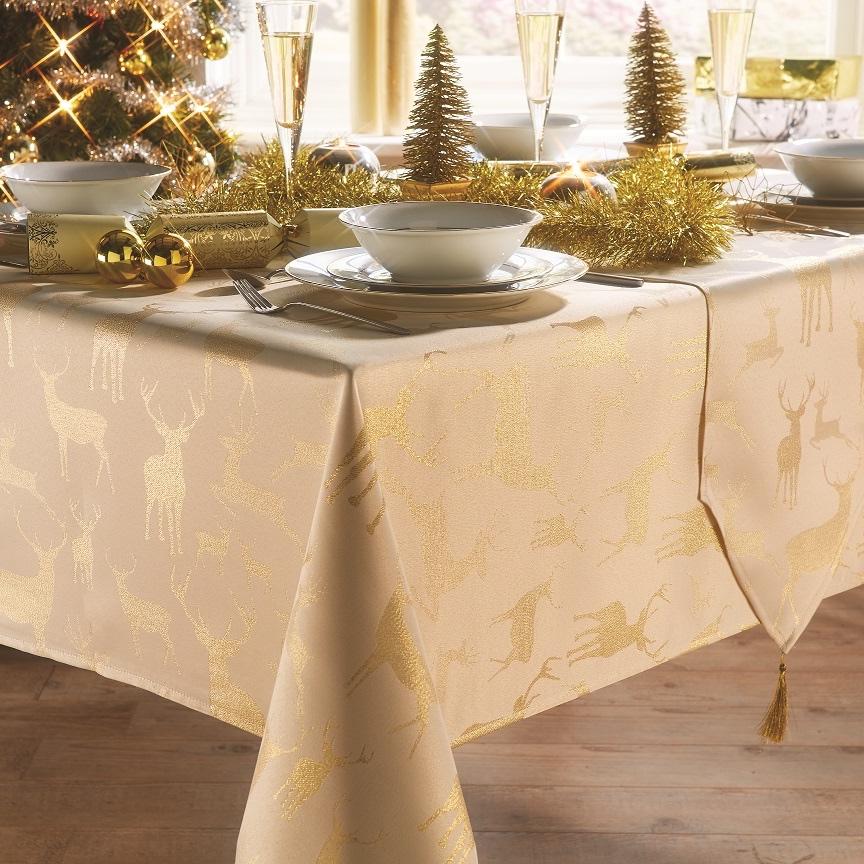 Stag Christmas Gold Tablecloth-Williamsons Factory Shop