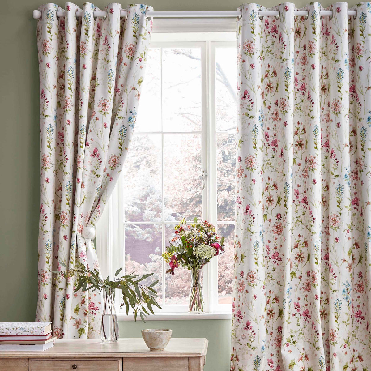 Laura Ashley Wild Meadow Blackout Eyelet Curtains - Crimson - Williamsons Home