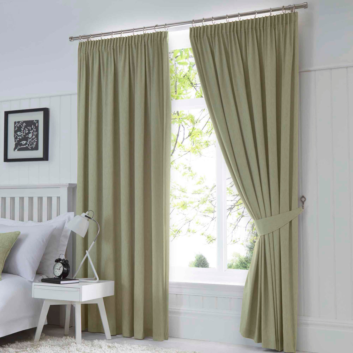 Dijon Blackout Thermal Pencil Pleat Curtains - Green - Williamsons Home