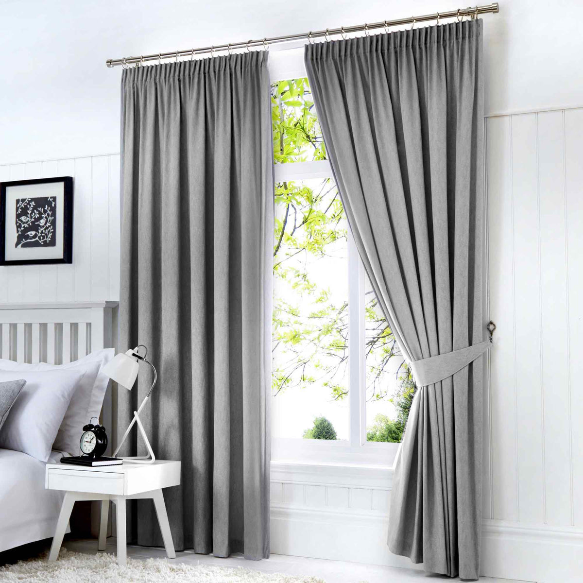 Dijon Blackout Thermal Pencil Pleat Curtains - Silver - Williamsons Home