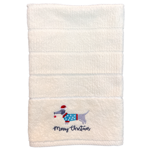 Merry Christmas Sausage Dog Kitchen Towel - Cream