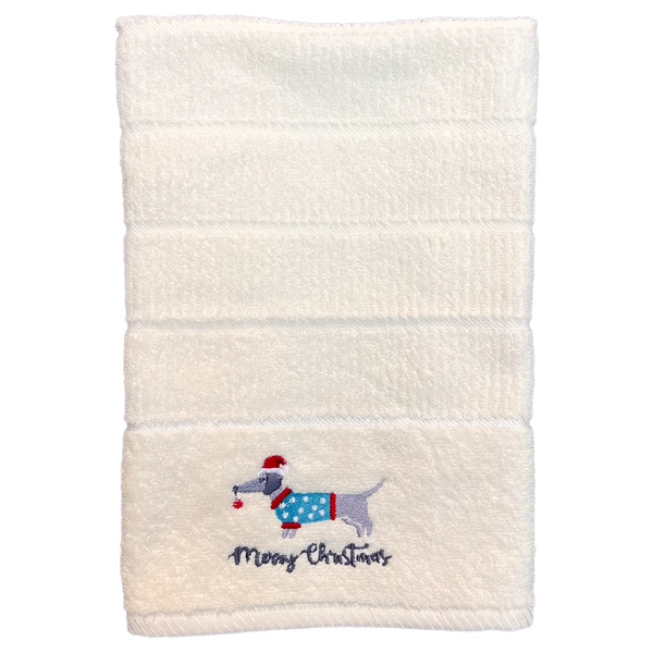 Merry Christmas Sausage Dog Kitchen Towel - Cream - Williamsons Factory Shop