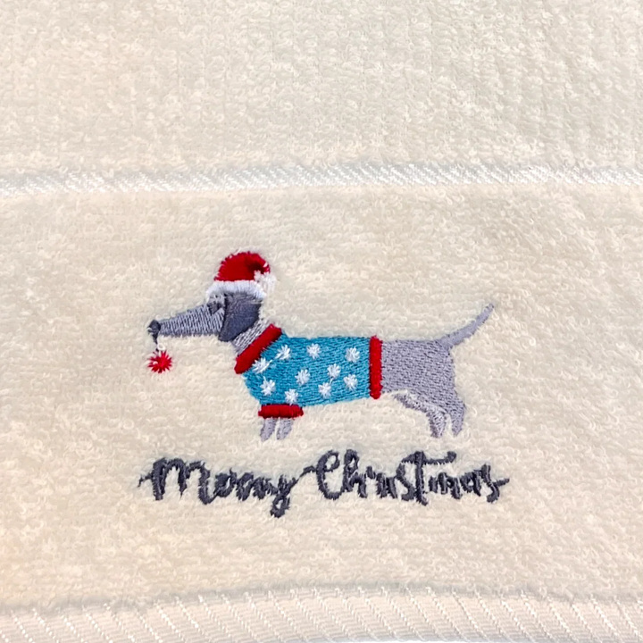 Merry Christmas Sausage Dog Kitchen Towel - Cream - Williamsons Factory Shop